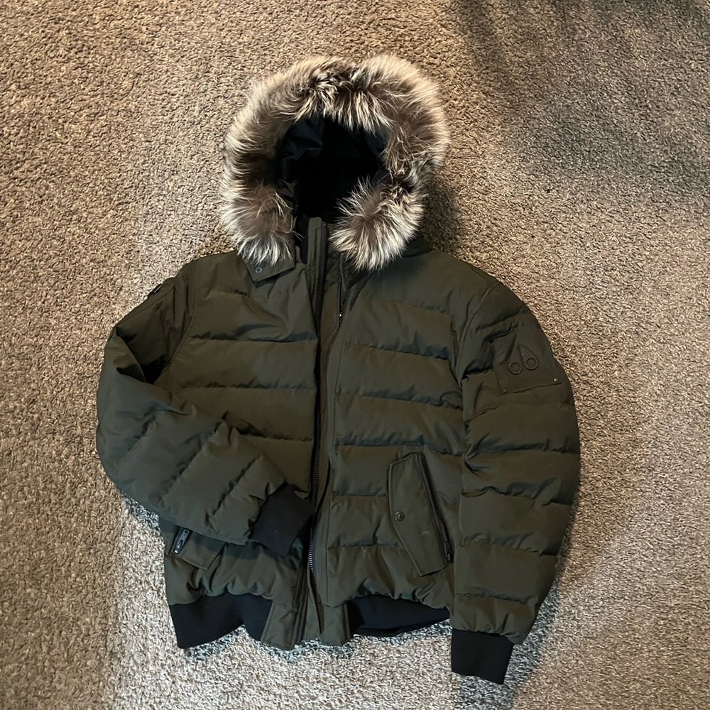 MooseKnuckles Olive Bomber with Silver Fox Fur Hood